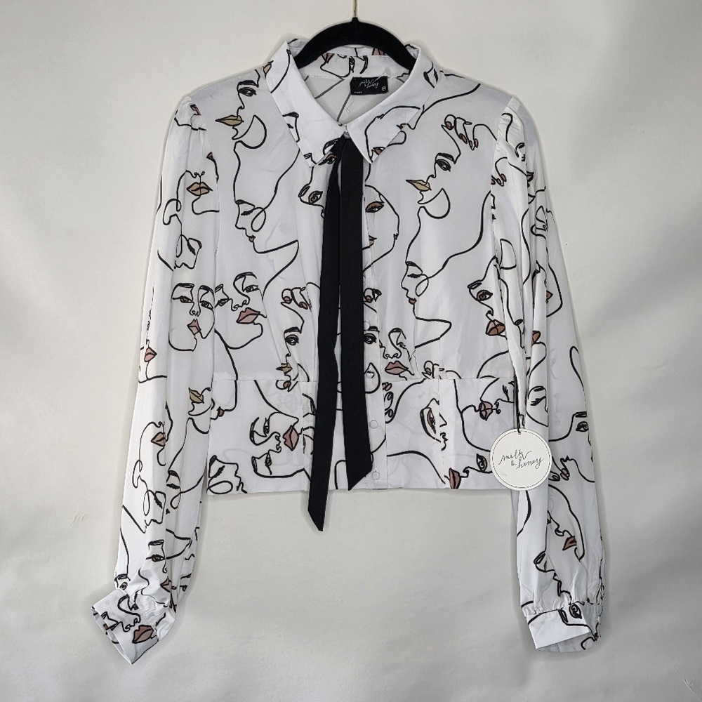 Milk & Honey Tie Neck Shirt XL Faces Print Button-up Top Long Sleeve Artsy NEW - Picture 11 of 13